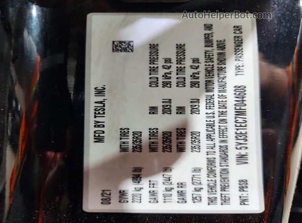 5YJ3E1EC7MF044608 2021 TESLA MODEL Black VIN կոդի պիտակի տեսք