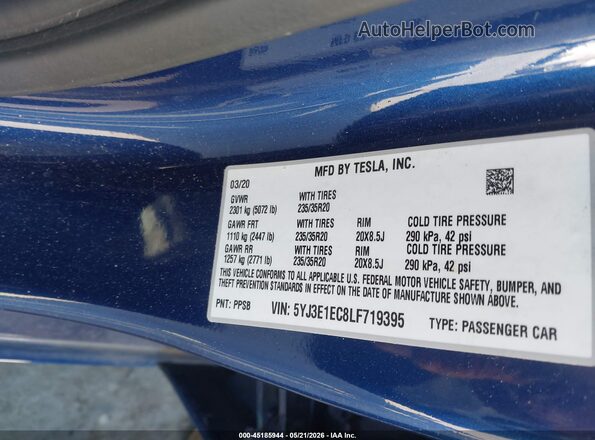 5YJ3E1EC8LF719395 2020 TESLA MODEL 3 Синий Вид подкапотного пространства