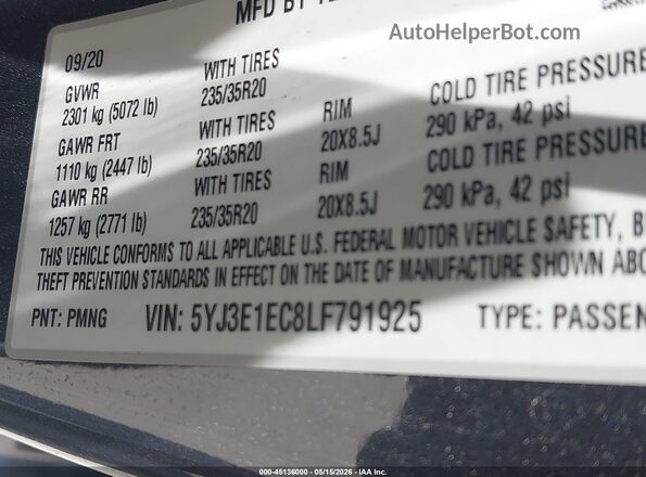 5YJ3E1EC8LF791925 2020 TESLA MODEL 3 Gray Engine compartment view