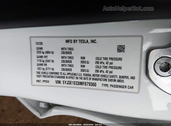 5YJ3E1EC8MF879360 2021 TESLA MODEL 3 White 