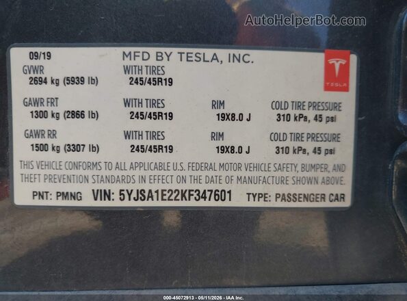 5YJSA1E22KF347601 2019 TESLA MODEL S Gray Vista del compartimento del motor