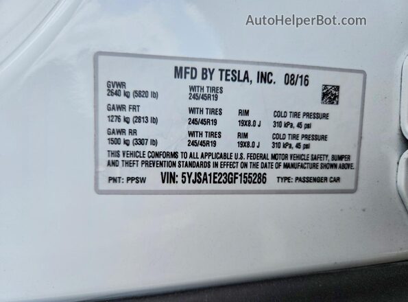 5YJSA1E23GF155286 2016 TESLA MODEL White Vista de la etiqueta del VIN