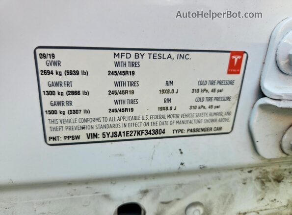 5YJSA1E27KF343804 2019 TESLA MODEL White 