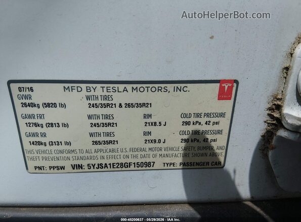 5YJSA1E28GF150987 2016 TESLA MODEL S White Вид підкапотного простору