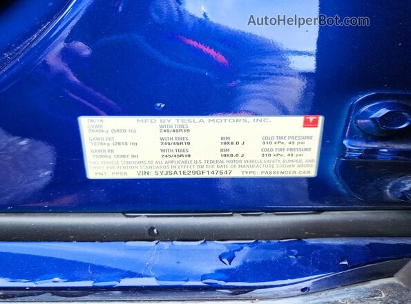 5YJSA1E29GF147547 2016 TESLA MODEL Blue 