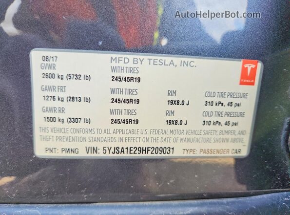 5YJSA1E29HF209031 2017 TESLA MODEL Gray VIN კოდის სტიკერის ხედი