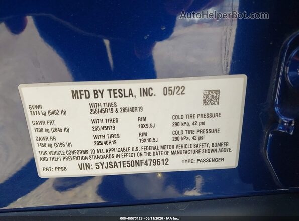 5YJSA1E50NF479612 2022 TESLA MODEL S Blue 