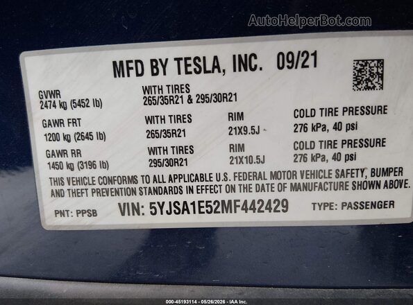 5YJSA1E52MF442429 2021 TESLA MODEL S Blue ძრავის განყოფილების ხედი