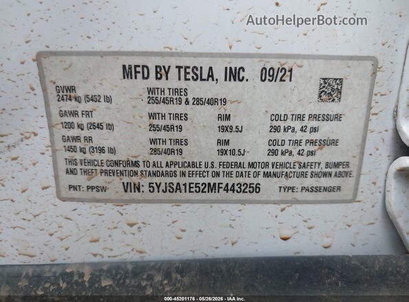 5YJSA1E52MF443256 2021 TESLA MODEL S White Շարժիչի բաժամունքի տեսք