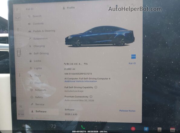 5YJSA1E52RF537273 2024 TESLA MODEL S Blue უკანა სავარძლების ხედი