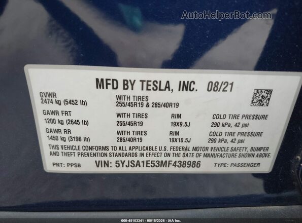5YJSA1E53MF438986 2021 TESLA MODEL S Blue ძრავის განყოფილების ხედი