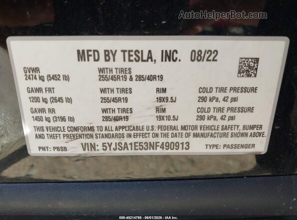 5YJSA1E53NF490913 2022 TESLA MODEL S Черный Вид подкапотного пространства