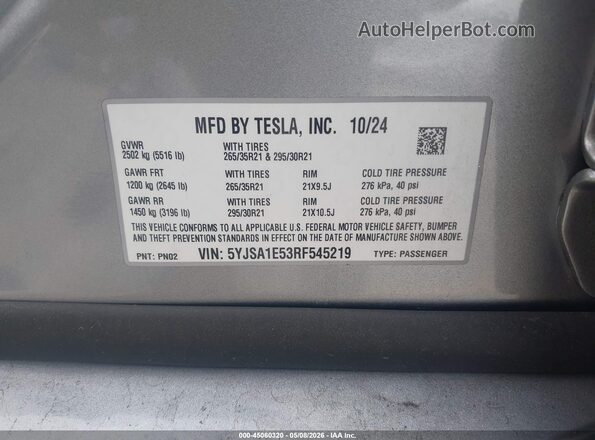 5YJSA1E53RF545219 2024 TESLA MODEL S Gray ძრავის განყოფილების ხედი