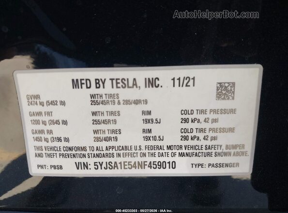 5YJSA1E54NF459010 2022 TESLA MODEL S Black Vista del compartimento del motor