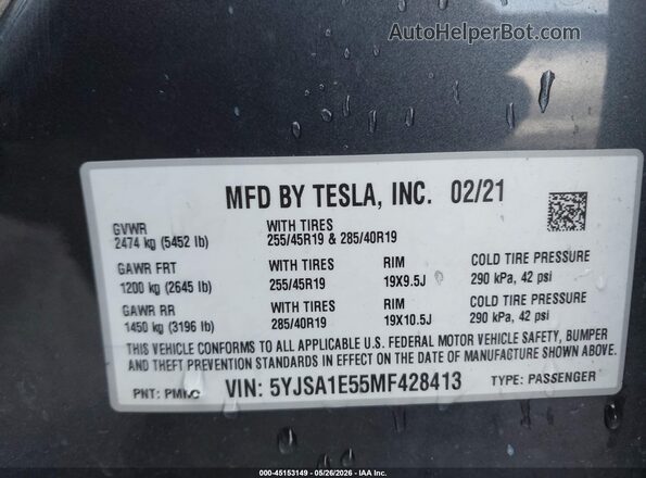 5YJSA1E55MF428413 2021 TESLA MODEL S Gray ძრავის განყოფილების ხედი