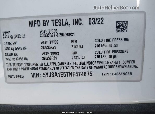 5YJSA1E57NF474875 2022 TESLA MODEL S White ძრავის განყოფილების ხედი
