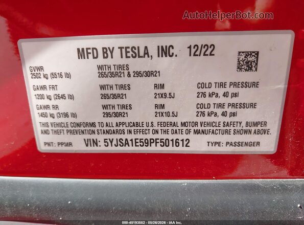 5YJSA1E59PF501612 2023 TESLA MODEL S Red ძრავის განყოფილების ხედი