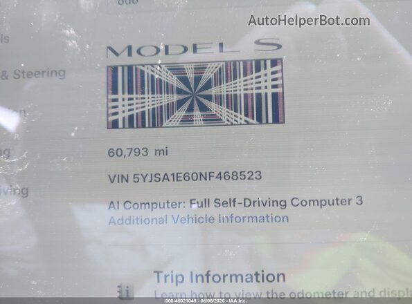 5YJSA1E60NF468523 2022 TESLA MODEL S Black Widok tylnych siedzeń