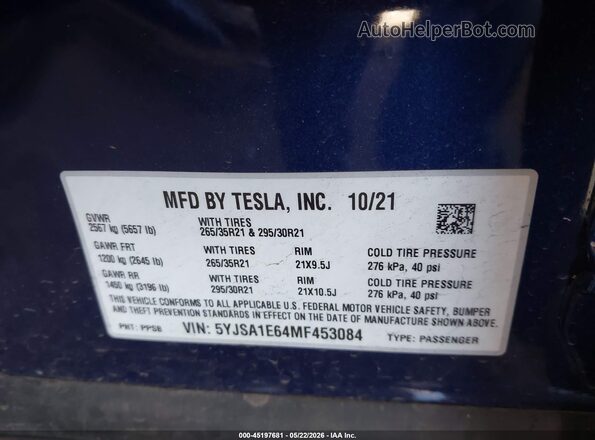 5YJSA1E64MF453084 2021 TESLA MODEL S Blue ძრავის განყოფილების ხედი