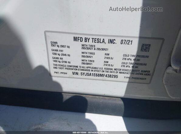 5YJSA1E68MF438295 2021 TESLA MODEL S White Engine compartment view