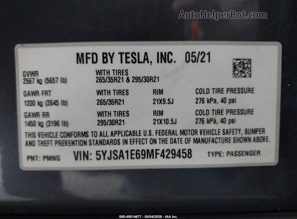 5YJSA1E69MF429458 2021 TESLA MODEL S Серый Вид подкапотного пространства