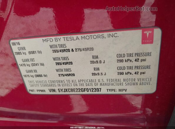 5YJXCBE22GF012397 2016 TESLA MODEL X Red Vista del compartimento del motor