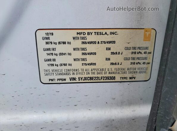 5YJXCBE22LF239308 2020 TESLA MODEL White 