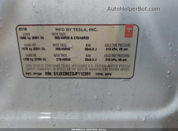 5YJXCBE29JF112391 2018 TESLA MODEL X White 