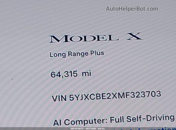 5YJXCBE2XMF323703 2021 TESLA MODEL X White 