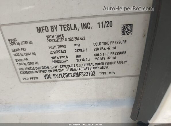 5YJXCBE2XMF323703 2021 TESLA MODEL X White Widok komory silnika