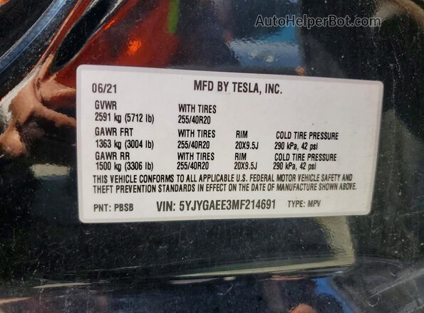 5YJYGAEE3MF214691 2021 TESLA MODEL Black Vista de la etiqueta del VIN