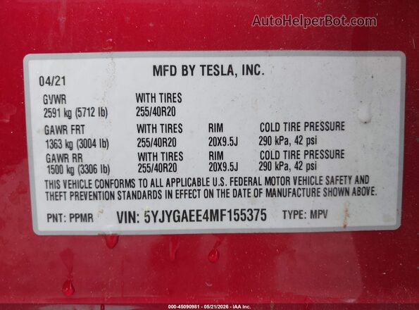 5YJYGAEE4MF155375 2021 TESLA MODEL Y Red ძრავის განყოფილების ხედი