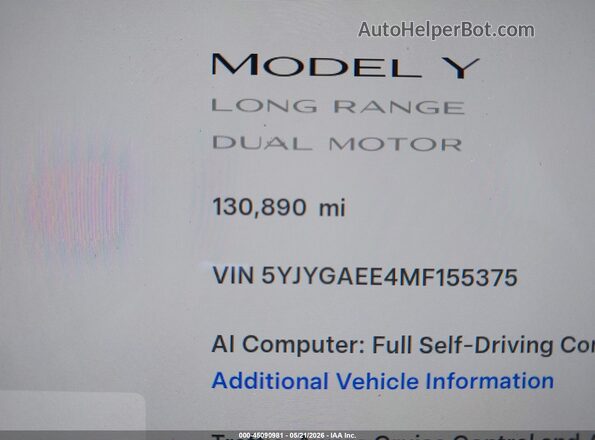 5YJYGAEE4MF155375 2021 TESLA MODEL Y Red უკანა სავარძლების ხედი