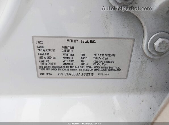 5YJYGDEE1LF032116 2020 TESLA MODEL Y White Вид підкапотного простору