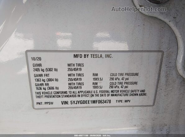 5YJYGDEE1MF063478 2021 TESLA MODEL Y White Вид підкапотного простору