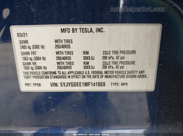 5YJYGDEE1MF141659 2021 TESLA MODEL Y Blue Engine compartment view