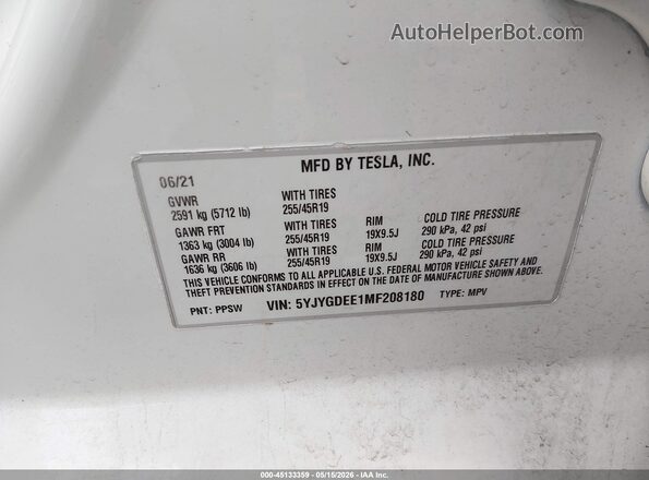 5YJYGDEE1MF208180 2021 TESLA MODEL Y White Engine compartment view
