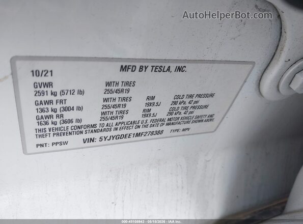 5YJYGDEE1MF278388 2021 TESLA MODEL Y White Engine compartment view