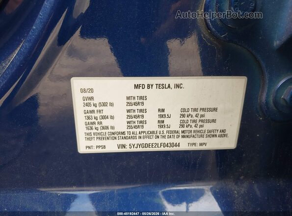 5YJYGDEE2LF043044 2020 TESLA MODEL Y Blue Vista del compartimento del motor