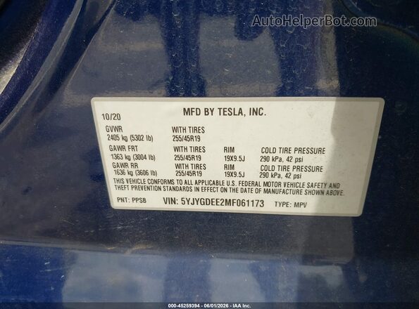 5YJYGDEE2MF061173 2021 TESLA MODEL Y Blue Вид підкапотного простору