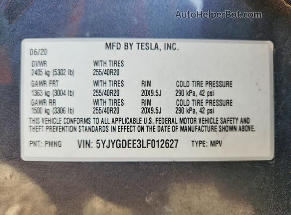5YJYGDEE3LF012627 2020 TESLA MODEL Gray 