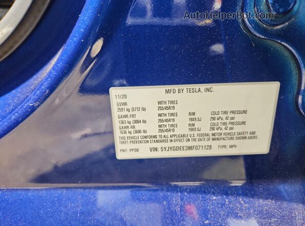 5YJYGDEE3MF071128 2021 TESLA MODEL Blue 