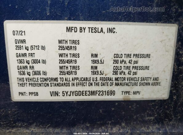 5YJYGDEE3MF231699 2021 TESLA MODEL Y Синий Вид подкапотного пространства