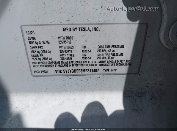 5YJYGDEE3MF311407 2021 TESLA MODEL Y White 