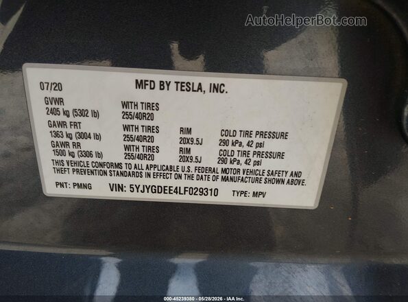 5YJYGDEE4LF029310 2020 TESLA MODEL Y Gray Вид підкапотного простору