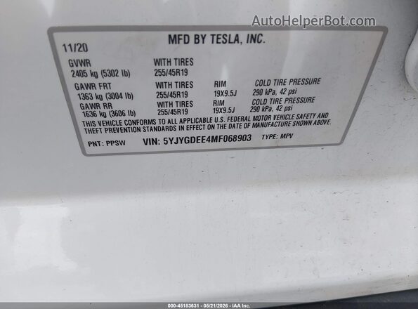 5YJYGDEE4MF068903 2021 TESLA MODEL Y White VIN կոդի պիտակի տեսք