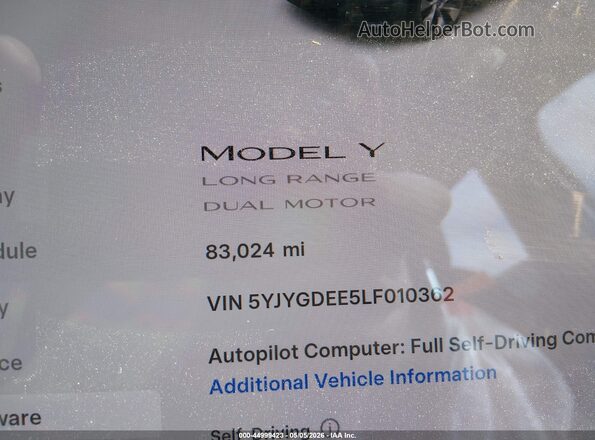5YJYGDEE5LF010362 2020 TESLA MODEL Y Gray 