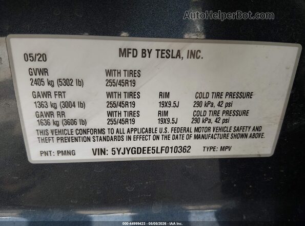 5YJYGDEE5LF010362 2020 TESLA MODEL Y Gray Շարժիչի բաժամունքի տեսք