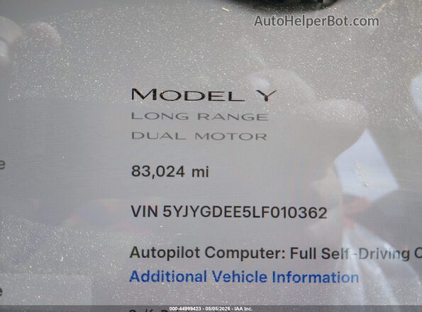 5YJYGDEE5LF010362 2020 TESLA MODEL Y Gray Հետևի նստատեղերի տեսք