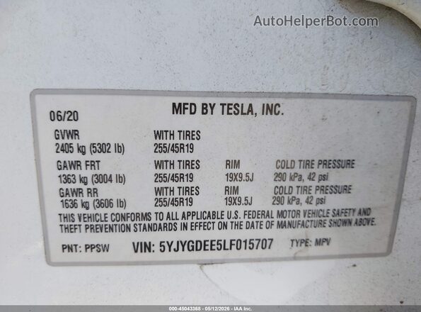 5YJYGDEE5LF015707 2020 TESLA MODEL Y White Vista del compartimento del motor
